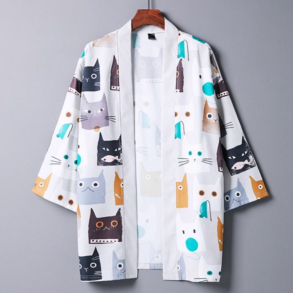 Cartoon Cat Print Vintage Kimono Outerwear - Modakawa modakawa