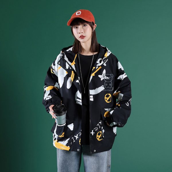 Cartoon Print Zipper Hooded Coat - Modakawa Modakawa